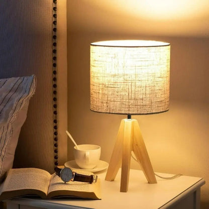 Linen Tripod Lamp - Wooden Base with Compact Warm Lighting