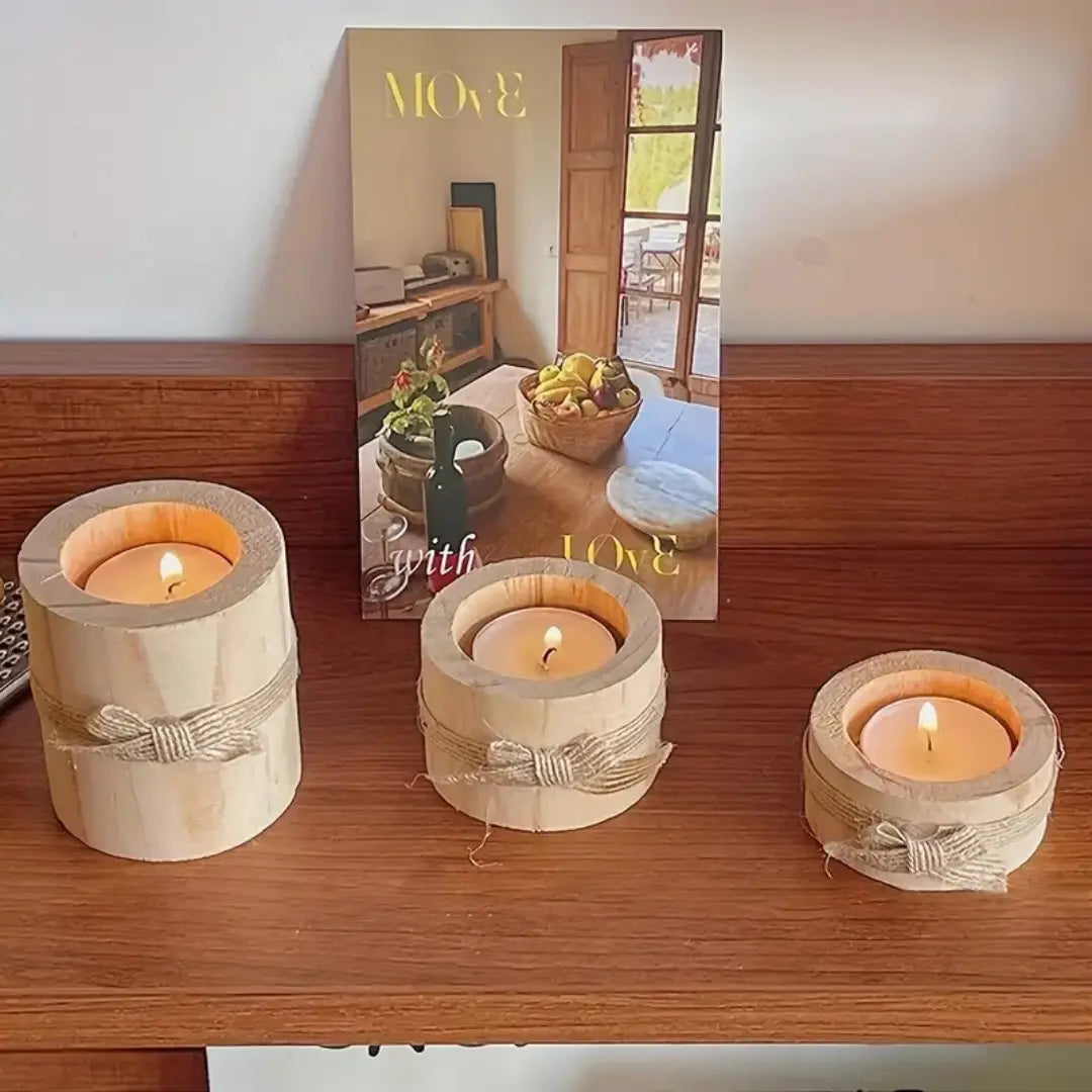 Handmade Wooden Candle Holder Set of 3 - Rustic Holiday Decor