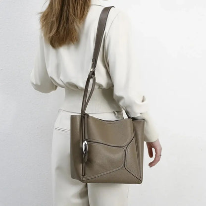 Novira – Cowhide Leather Tote Bag with Geometric Stitching & Magnetic Closure