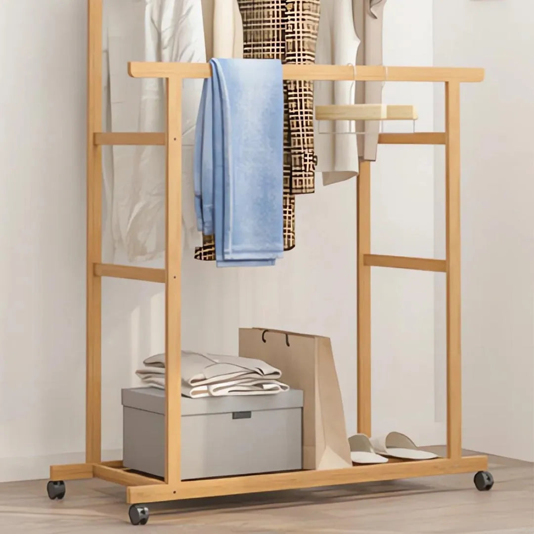 Bamboo Clothes Rack with Double Rails and Storage Shelves