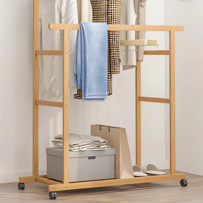 Bamboo Clothes Rack with Double Rails and Storage Shelves