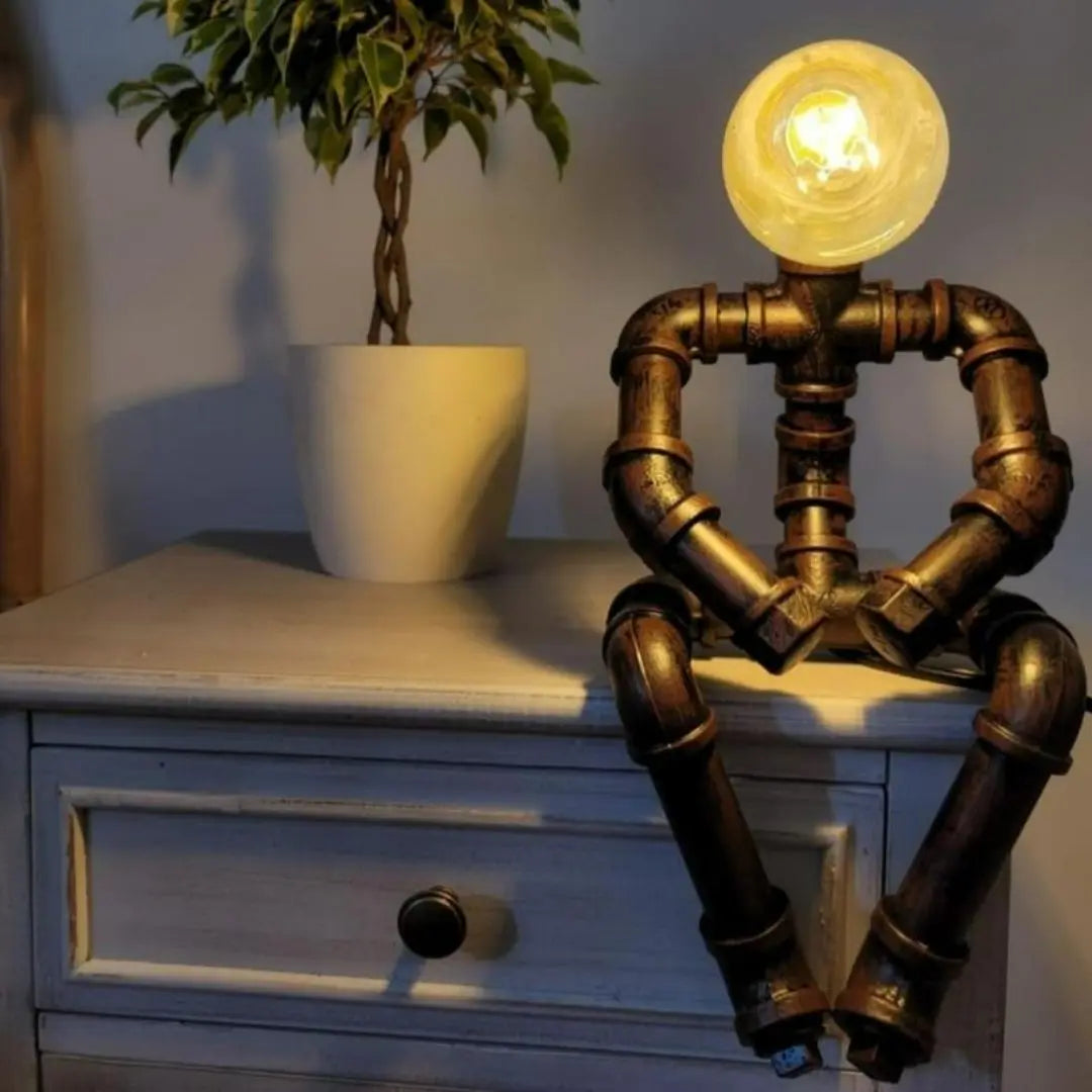 Steampunk Robot Pipe Table Lamp - Vintage Industrial Iron with E27 Bulb Socket