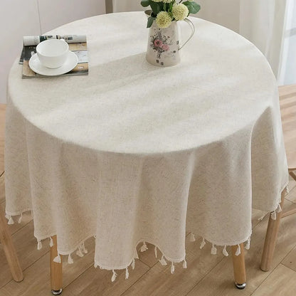 Round Tassel Tablecloth - Solid Color Cotton Linen Table Cover