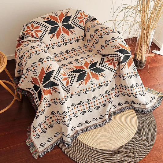 Modern Bohemian Blanket - Reversible Tribal Print Throw with Fringes