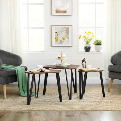 Nesting Coffee Table Set of 3 - Industrial Rustic Brown & Black Side Tables