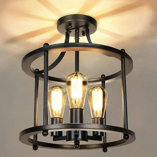 Norvia 3-Light Iron Flush Mount Ceiling Light - Industrial Farmhouse Open Cage Chandelier