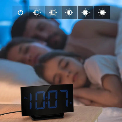 Digital Alarm Clock for Bedrooms - Curved Design with Blue LED Display