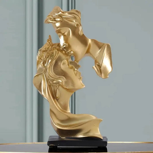 Golden Resin Kissing Couple Sculpture - Romantic Abstract Figurine