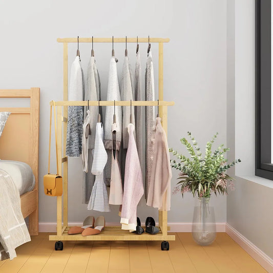 Bamboo Clothes Rack with Double Rails and Storage Shelves