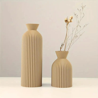 Set of 4 Modern Ribbed Plastic Vases - Black & Beige Decorative Vases