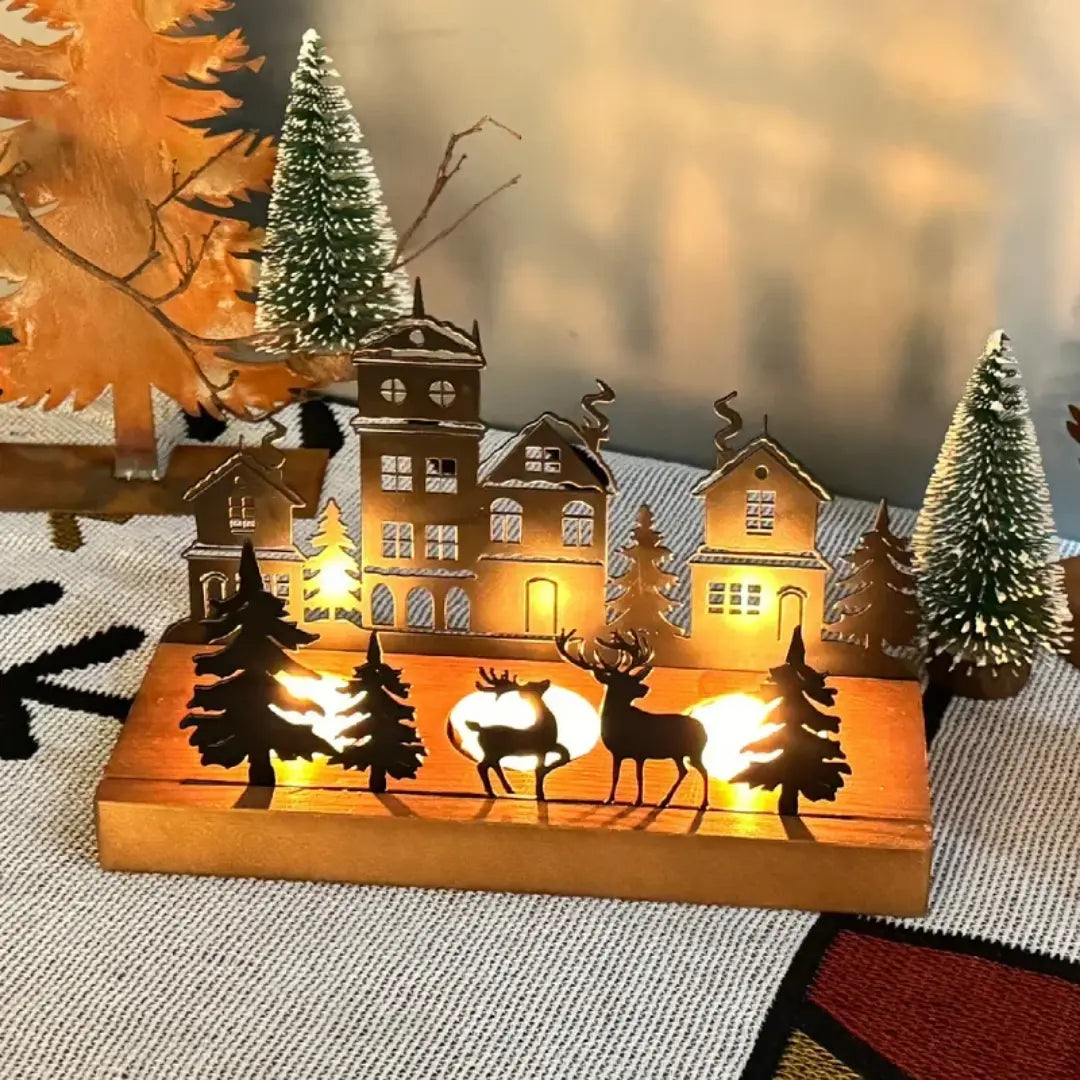 Christmas Tealight Candle Holder - Wooden Base and Metal House Design