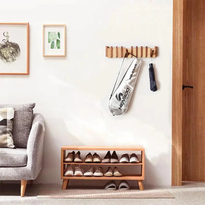Wooden Wall Hook Rack - Piano Style with Flip Down Hooks