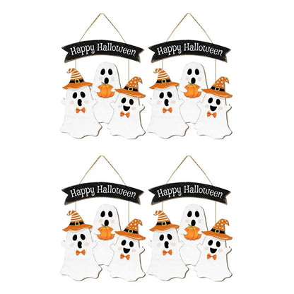 Halloween Wooden Hanging Sign - Ghosts & Pumpkin Design