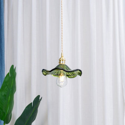 Hibiscus Bloom Glass Pendant - Vintage Floral Ceiling Light in Brass Finish