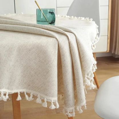 Round Tassel Tablecloth - Solid Color Cotton Linen Table Cover