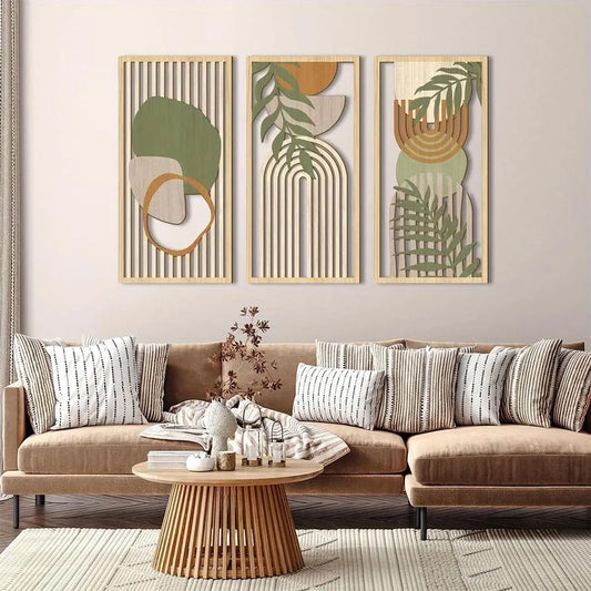 3 Piece Sage Green Abstract Wooden Wall Art