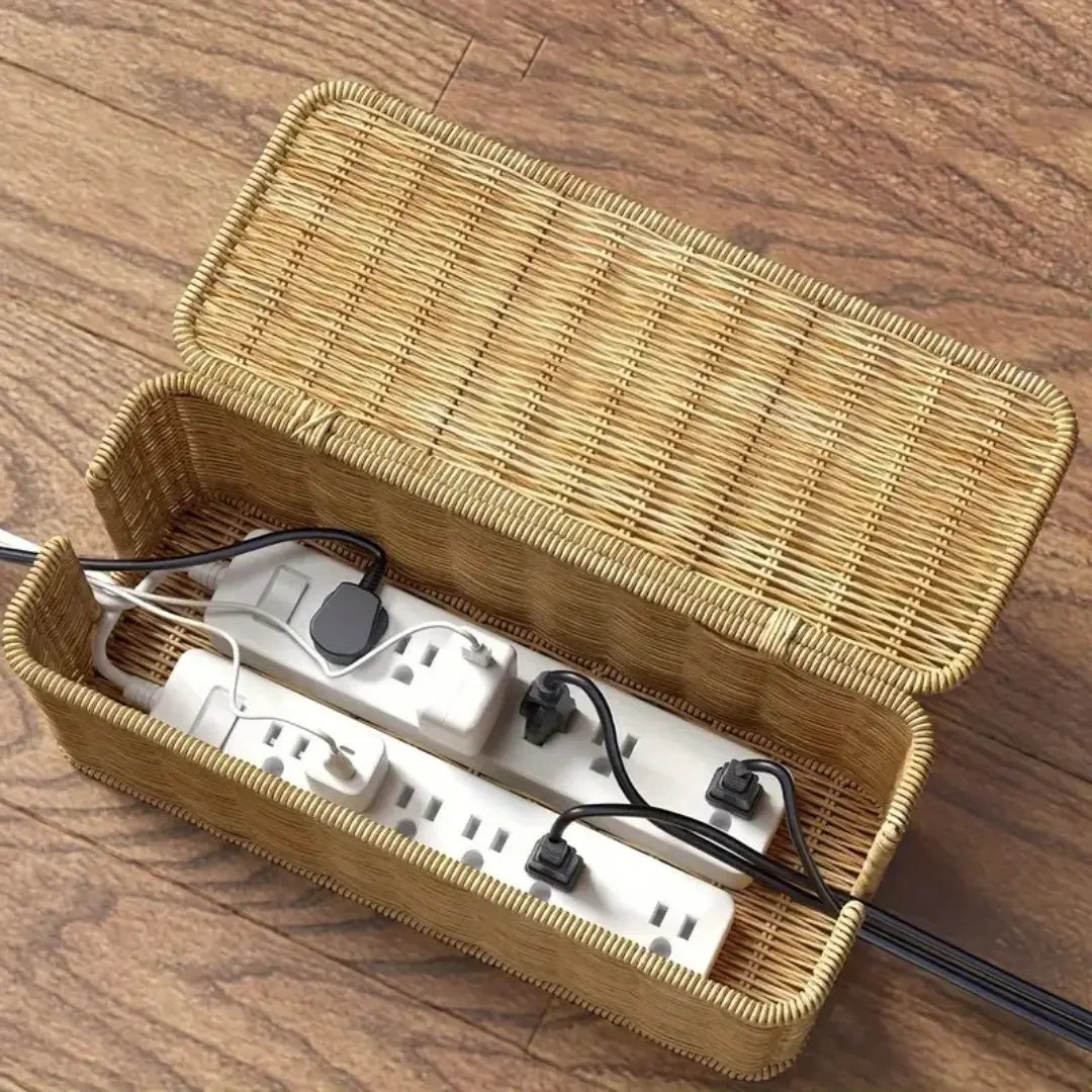 Hand-Woven Imitation Rattan Extension Cable Management Box with Cover