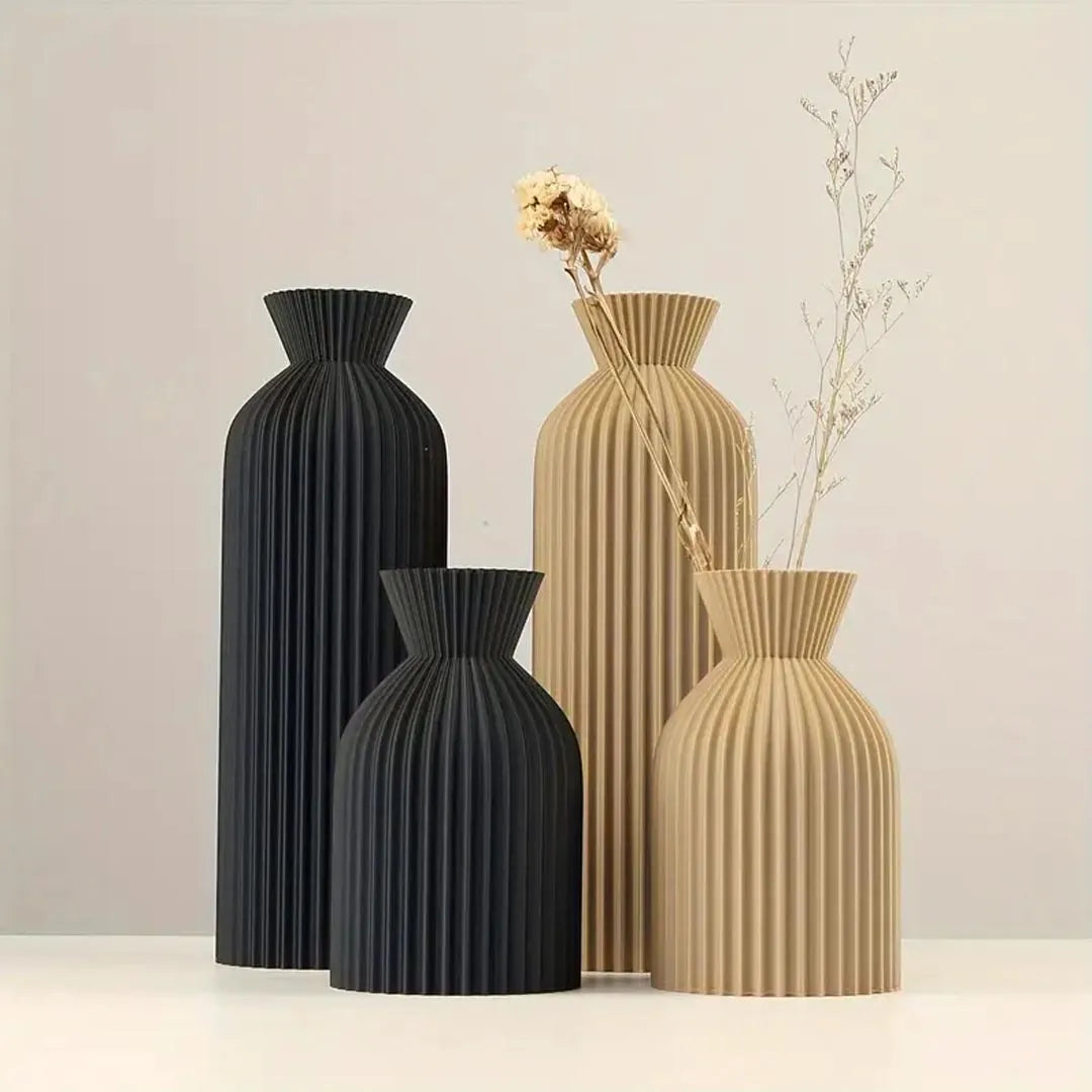 Set of 4 Modern Ribbed Plastic Vases - Black & Beige Decorative Vases