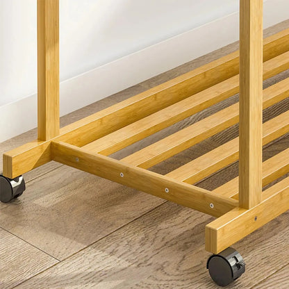 Bamboo Clothes Rack with Double Rails and Storage Shelves