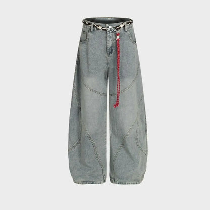 Barrel-Wave Patchwork Denim with Braided Belt