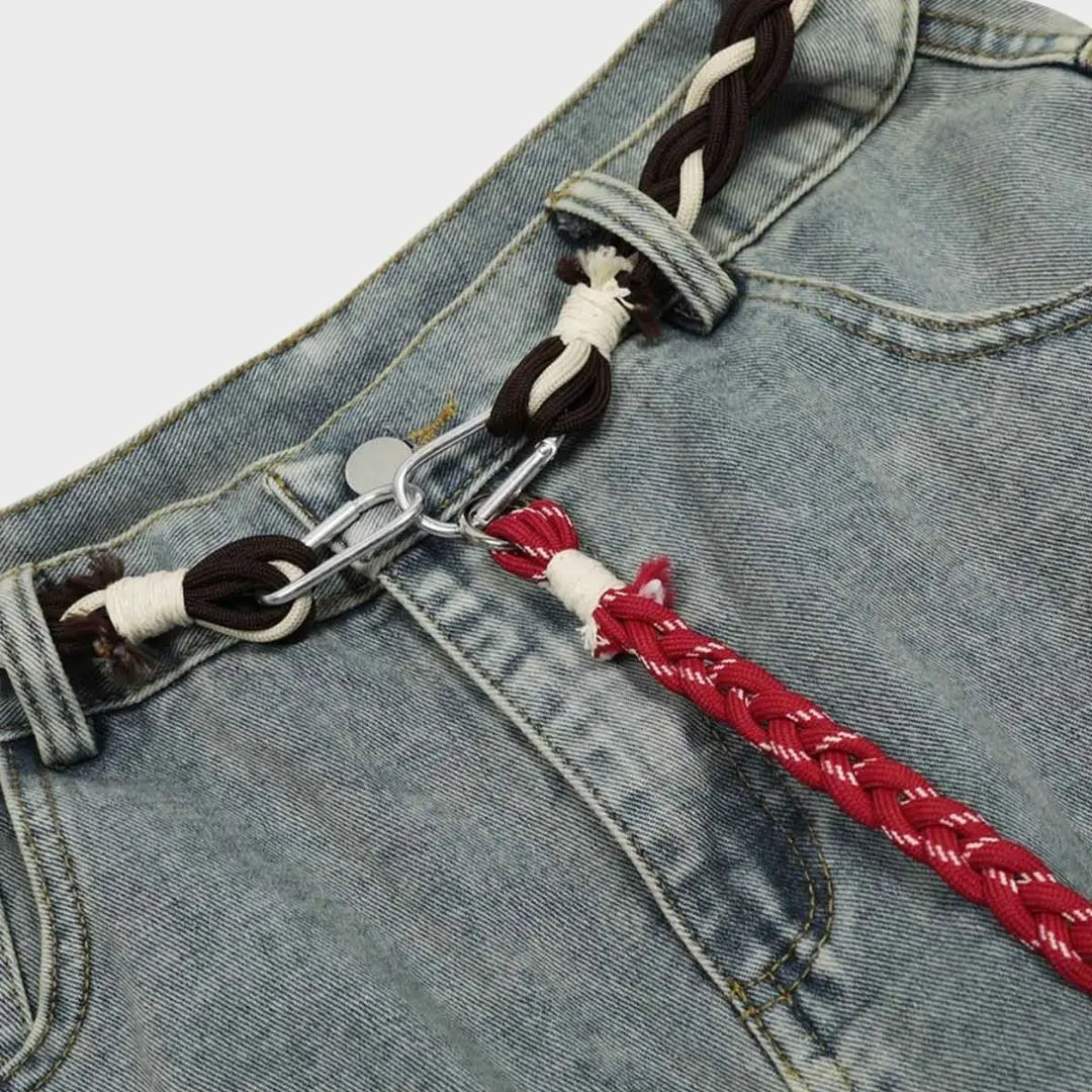 Barrel-Wave Patchwork Denim with Braided Belt