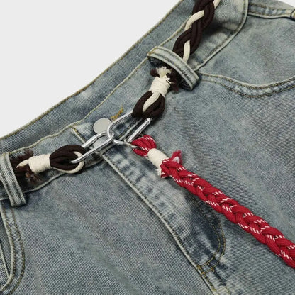 Barrel-Wave Patchwork Denim with Braided Belt