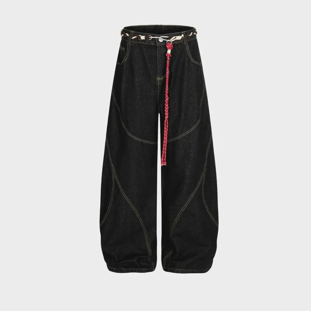 Barrel-Wave Patchwork Denim with Braided Belt