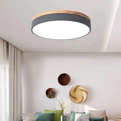 Flush Ceiling Lights - Modern Wooden Round Flat LED Light