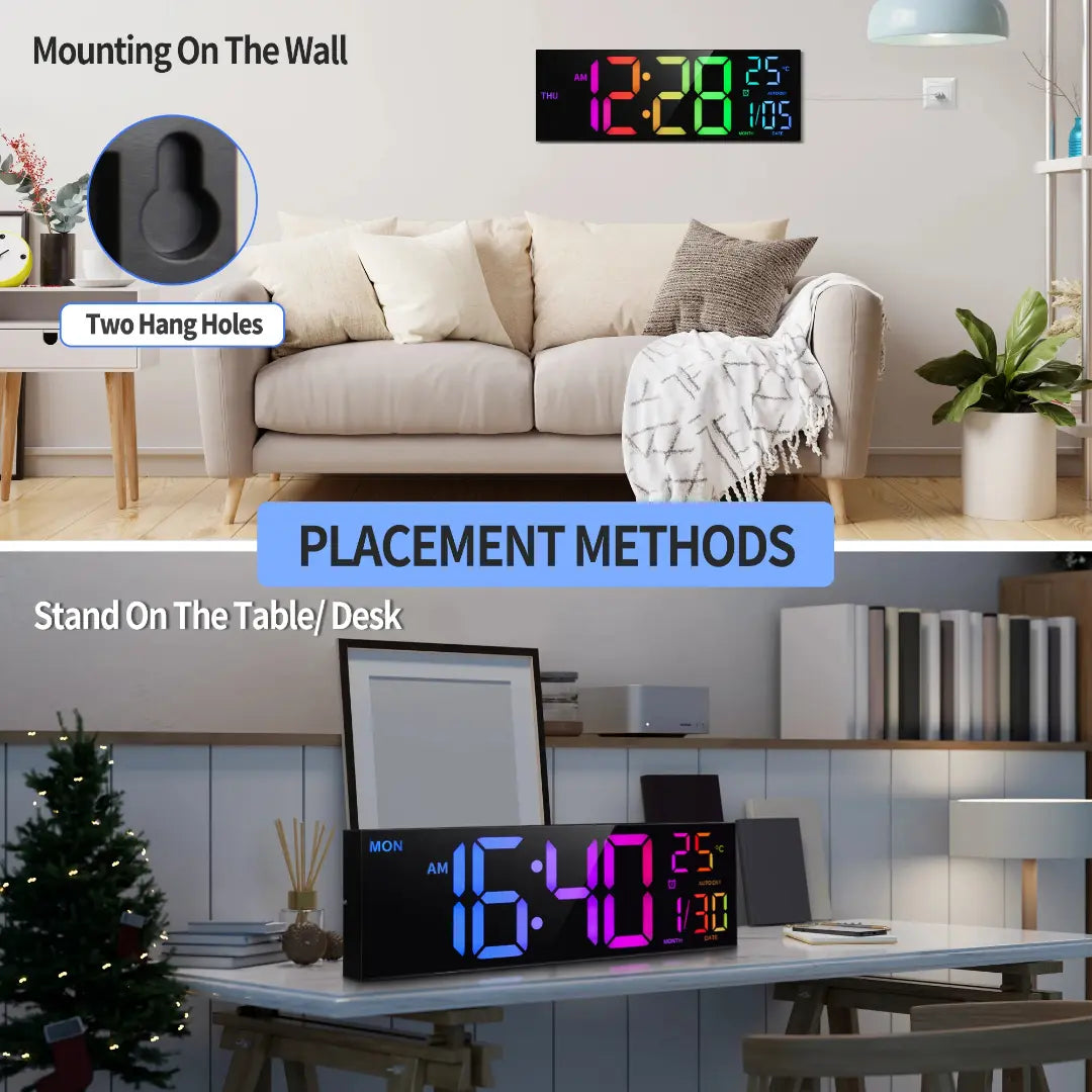 40cm Large Digital LED Wall Clock with Remote Control - 8 RGB Colors