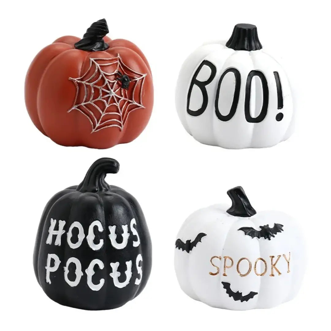 Set of 4 Halloween Resin Pumpkin Decorations - Boo, Hocus Pocus, Spooky and Spider Web Ornaments
