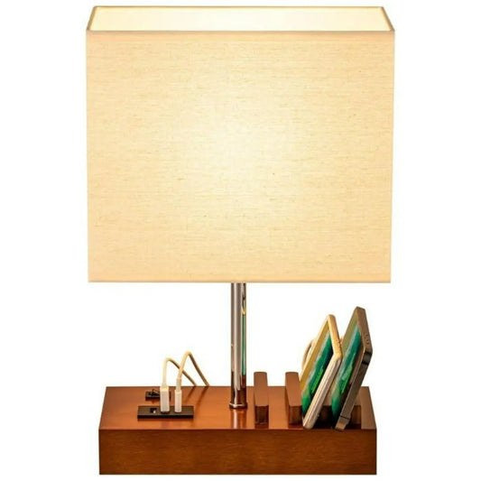 USB Desk Lamp - 3 USB Ports and Charging Dock with Wood Base and Linen Shade