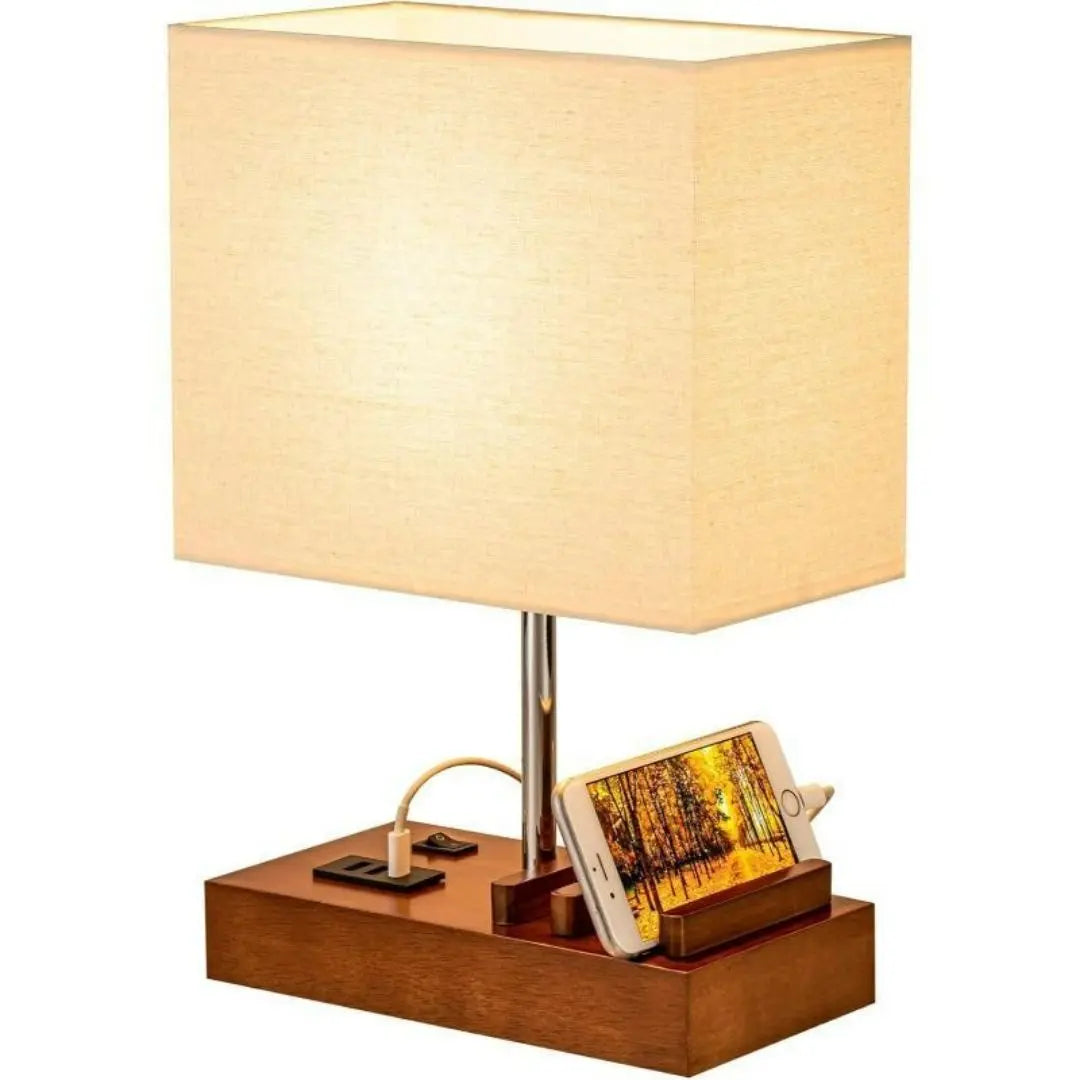 USB Desk Lamp - 3 USB Ports and Charging Dock with Wood Base and Linen Shade