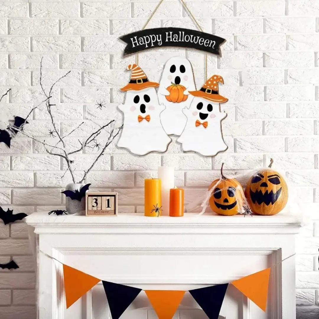 Halloween Wooden Hanging Sign - Ghosts & Pumpkin Design