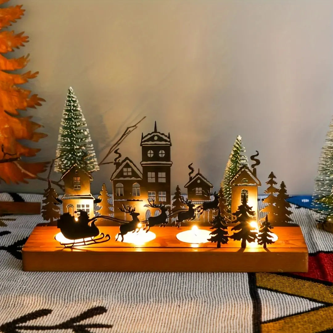 Christmas Tealight Candle Holder - Wooden Base and Metal House Design