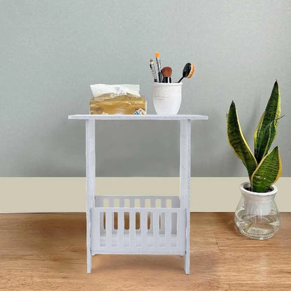 Multifunctional White Side Table - Small Coffee, Bedside & End Table with Storage Rack