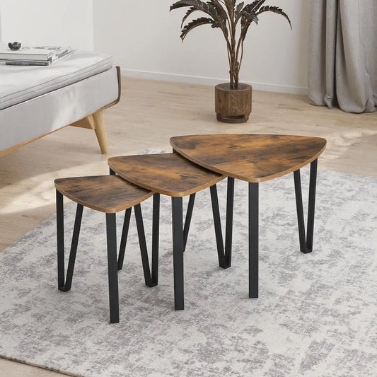 Space Saving Nesting Coffee Table Set of 3 - Rustic Wood and Black Metal Frame