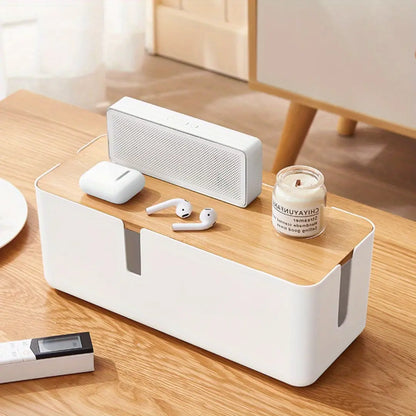 Cable Management Box with Bamboo Cover - Desk and Power Strip Organizer