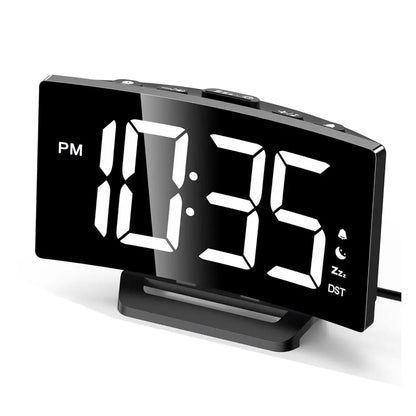 Digital Alarm Clock for Bedrooms - Curved Design with Blue LED Display