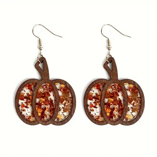 Orange Wooden Pumpkin Drop Earrings - Autumn & Halloween Jewelry