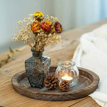 Round Wooden Candle Tray - Rustic Farmhouse Decor