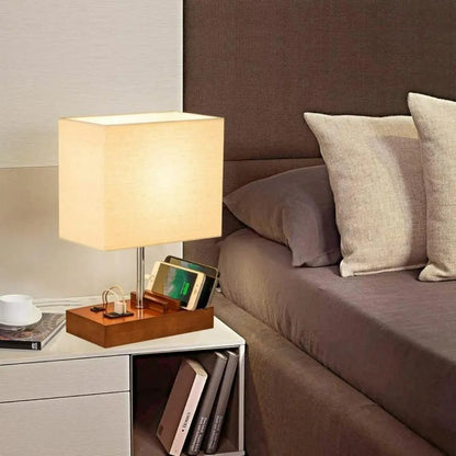 USB Desk Lamp - 3 USB Ports and Charging Dock with Wood Base and Linen Shade