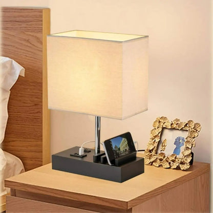 USB Desk Lamp - 3 USB Ports and Charging Dock with Wood Base and Linen Shade