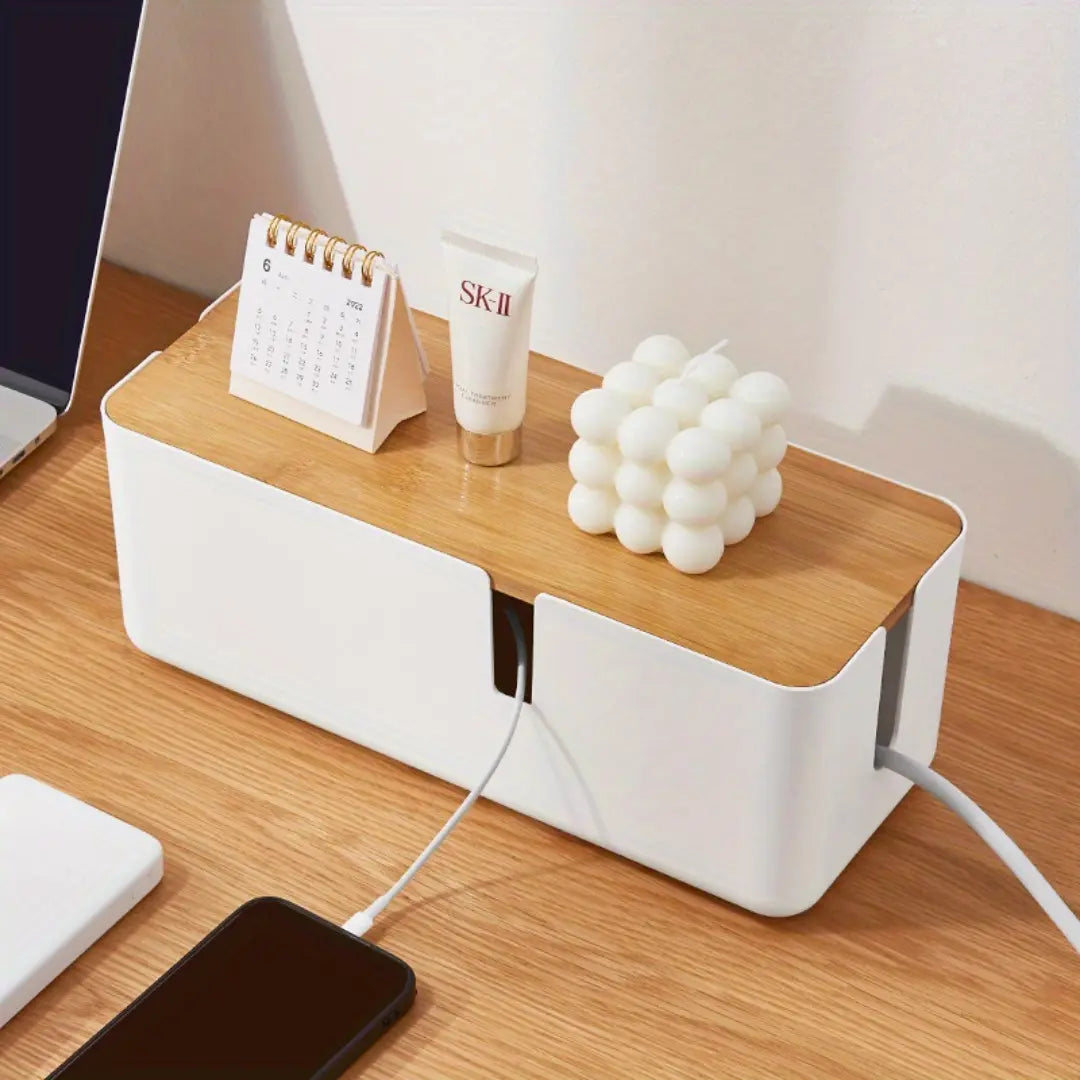 Cable Management Box with Bamboo Cover - Desk and Power Strip Organizer