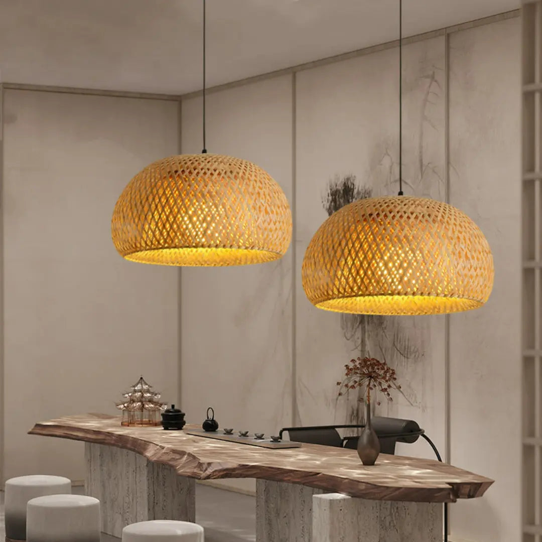 Solari Bamboo Ceiling Pendant Light - Handwoven Rattan Dome Lampshade with Boho Charm