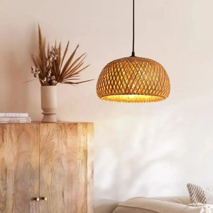 Solari Bamboo Ceiling Pendant Light - Handwoven Rattan Dome Lampshade with Boho Charm