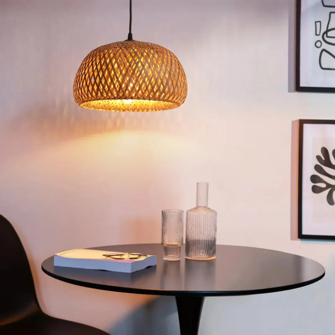 Solari Bamboo Ceiling Pendant Light - Handwoven Rattan Dome Lampshade with Boho Charm