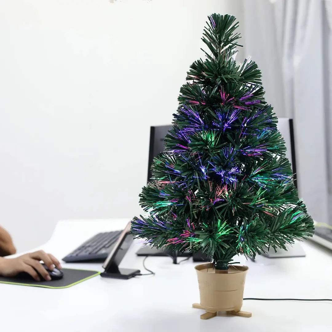 60/80 cm Pre Lit Christmas Tree - Fiber Optic LED Mini Holiday Tree with Gold Base