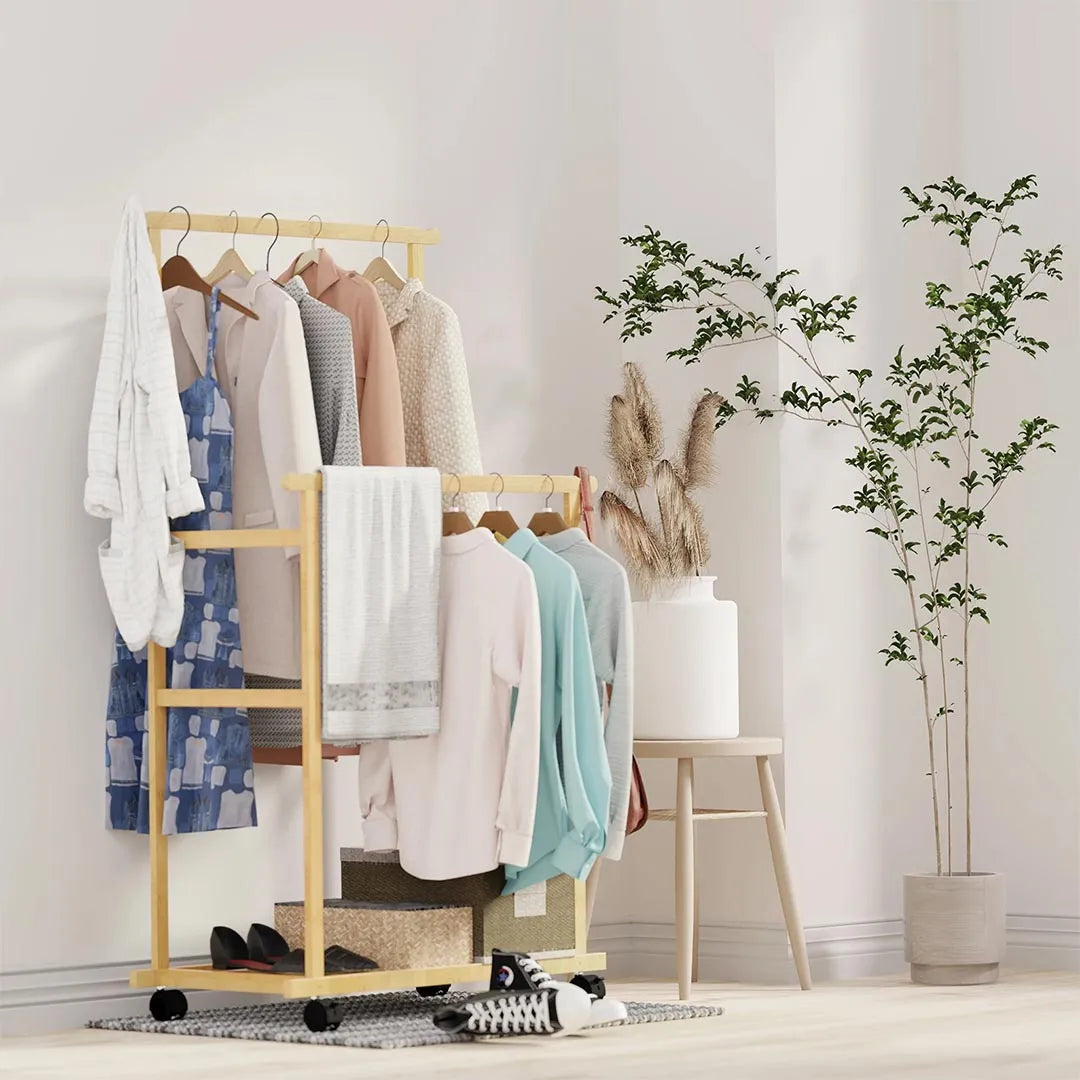 Bamboo Clothes Rack with Double Rails and Storage Shelves