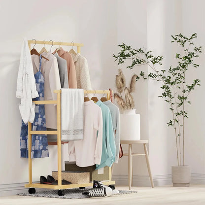 Bamboo Clothes Rack with Double Rails and Storage Shelves