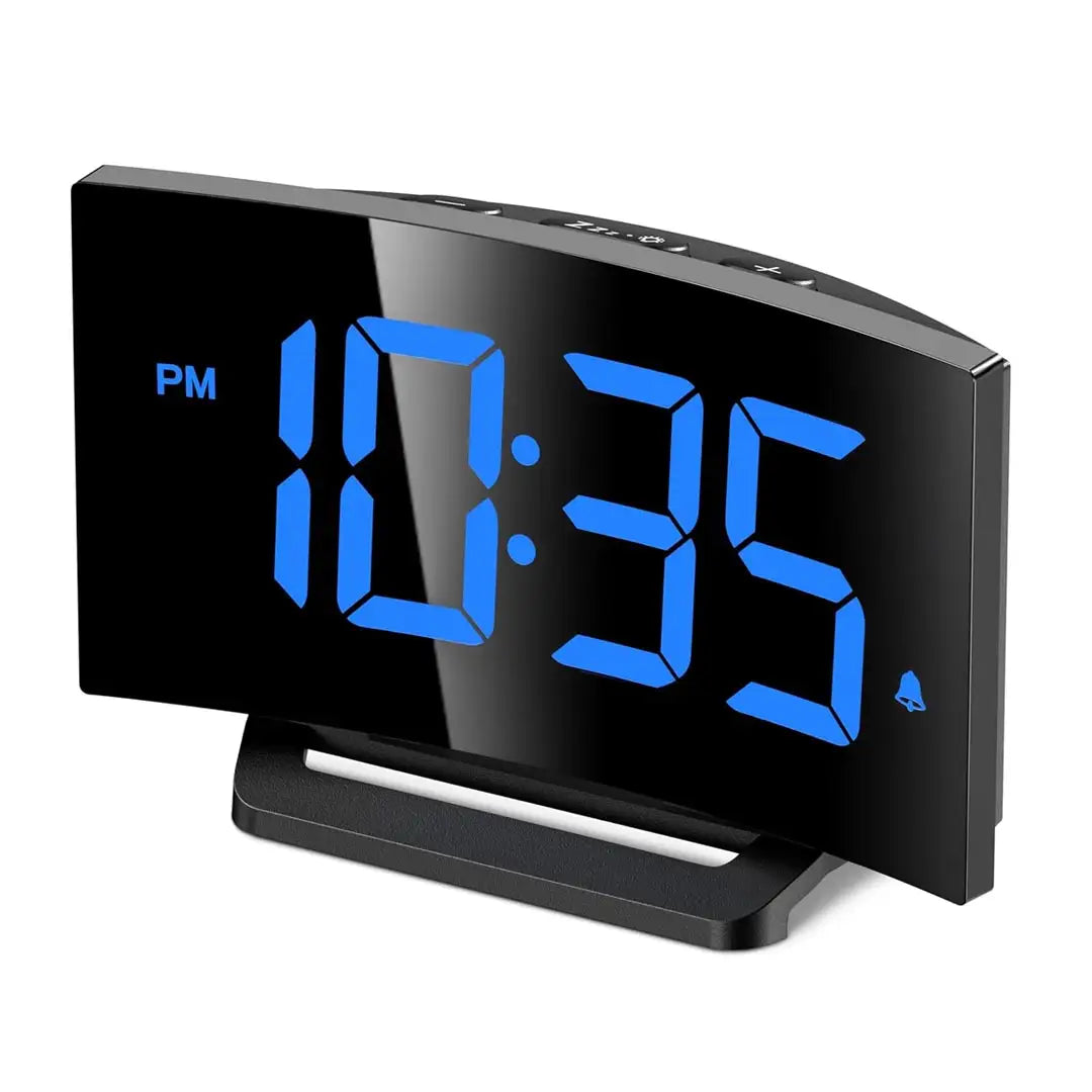 Digital Alarm Clock for Bedrooms - Curved Design with Blue LED Display